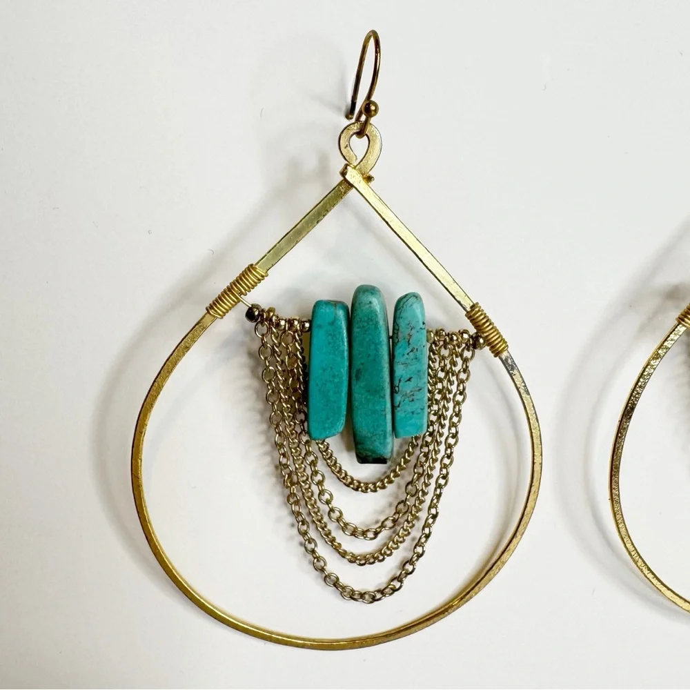 Betsy & Iya | Gold Tone Dangle Earrings w/ Turquoise Stones + Chain Details‎